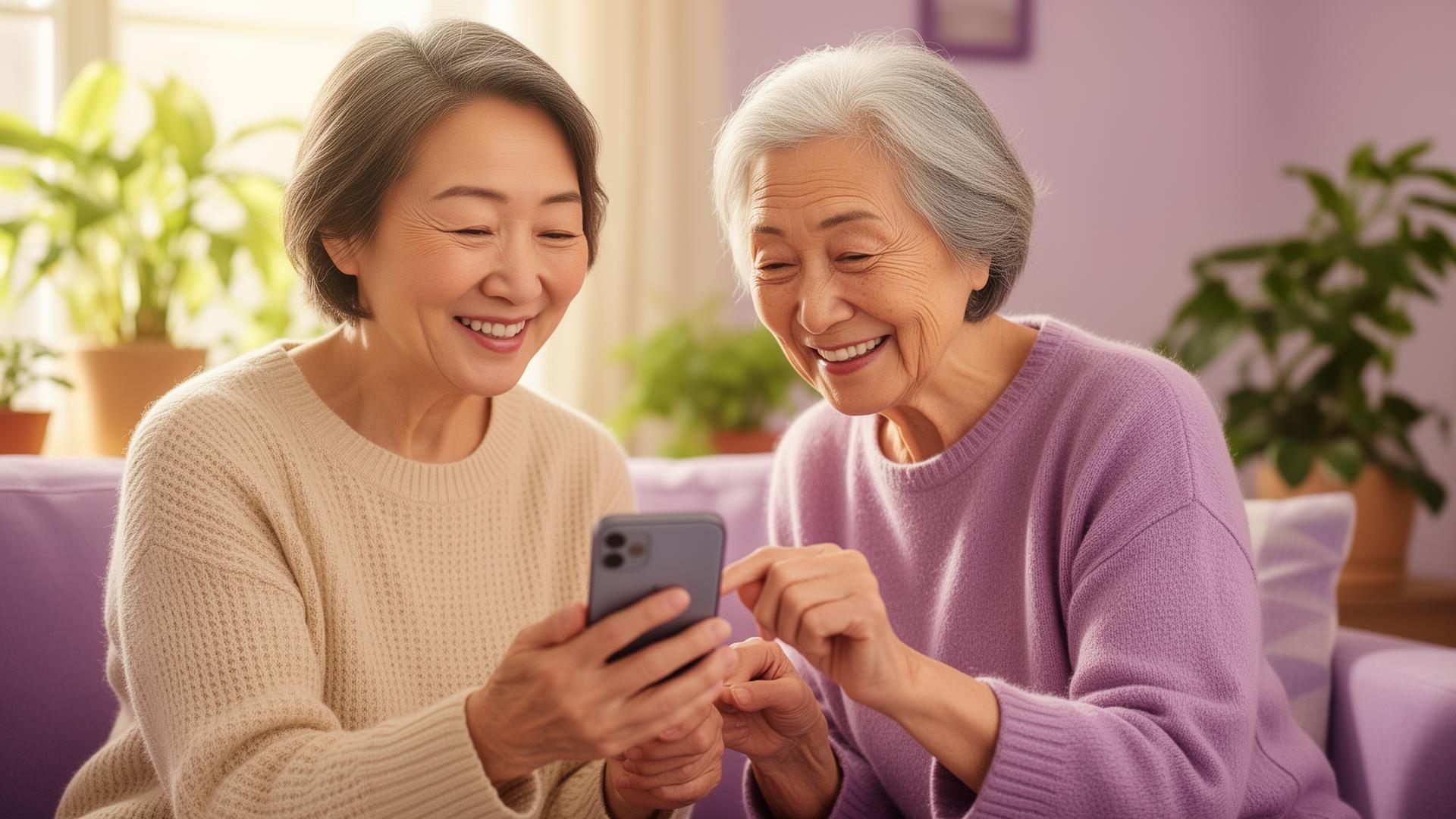A patient helper showing a senior how to use her smartphone